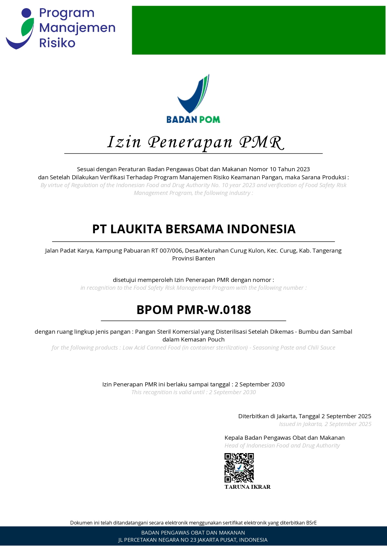 IZIN PENERAPAN PMR PT LBI Certificate