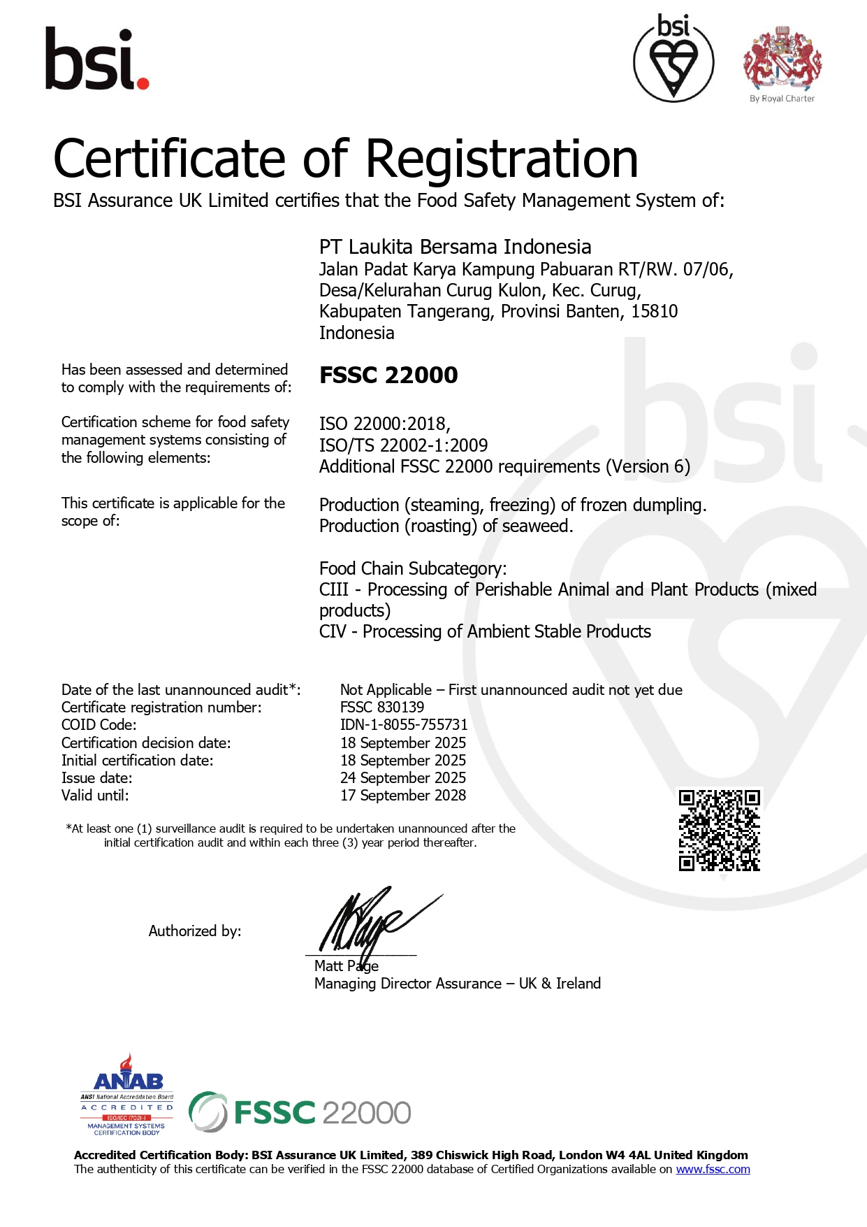 FSSC 22000 Certificate